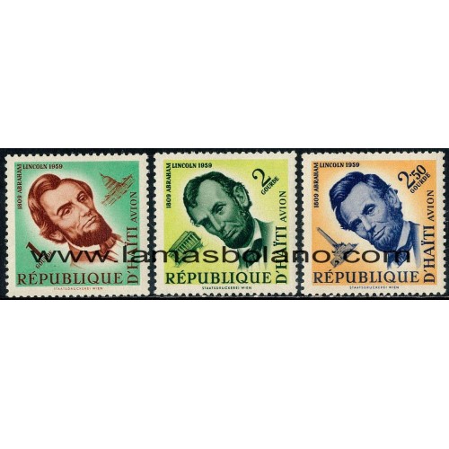 SELLOS HAITI 1959 - ABRAHAM LINCOLN SESQUICENTENARIO NACIMIENTO - 3 VALORES - AEREO