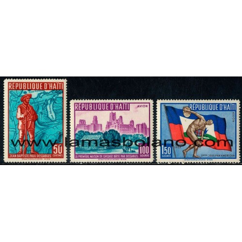 SELLOS HAITI 1959 - 3 JUEGOS PANAMERICANOS EN CHICAGO - 3 VALORES FIJASELLO - AEREO