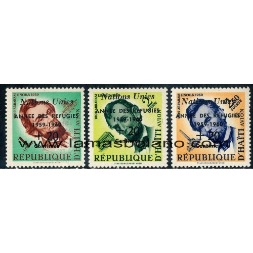 SELLOS HAITI 1959 - AÑO MUNDIAL DEL REFUGIADO - 3 VALORES SOBRECARGADOS - AEREO