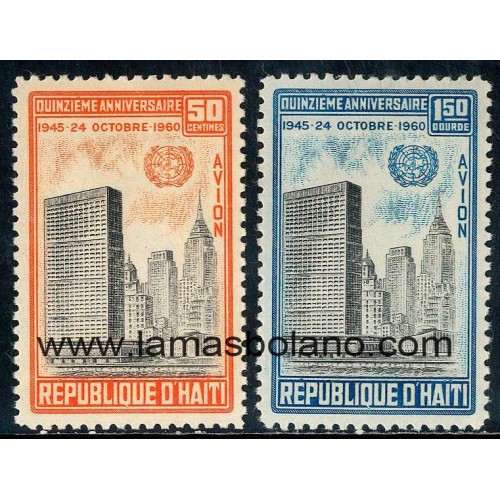 SELLOS HAITI 1960 - 15 ANIVERSARIO DE LAS NACIONES UNIDAS - 2 VALORES - AEREO