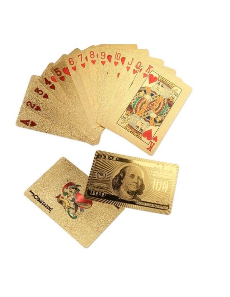 BARAJA DE POKER NAIPES EN ORO 24 K 54 CARTAS DE CASINO BLACKJACK CON REVERSO BILLETE DE 100 DOLARES US DE FRANKLIN