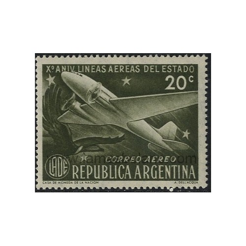 SELLOS DE ARGENTINA 1951 - 10 ANIVERSARIO DE LA CREACION DE LAS LINEAS AEREAS NACIONALES - 1 VALOR - AEREO