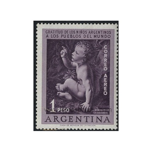 SELLOS DE ARGENTINA 1956 - GRATITUD DE LOS NIÑOS ARGENTINOS A LOS PUEBLOS DEL MUNDO - 1 VALOR CON SEÑAL DE FIJASELLO - AEREO
