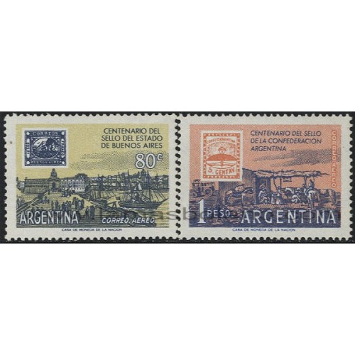 SELLOS DE ARGENTINA 1958 - CENTENARIO DEL SELLO - 2 VALORES CON SEÑAL FIJASELLO - AEREO