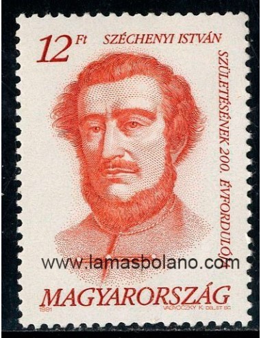 SELLOS HUNGRIA 1991 - CONDE ISTVAN SZECHENYI BICENTENARIO NACIMIENTO DEL ESCRITOR Y REFORMADOR - 1 VALOR - CORREO 