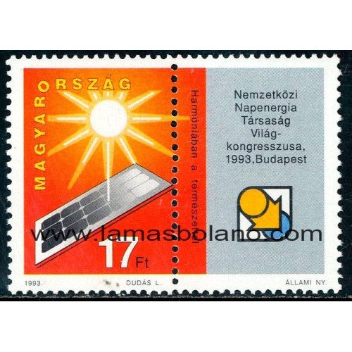 SELLOS HUNGRIA 1993 - PROTECCION DEL MEDIO AMBIENTE. CONGRESO SOBRE ENERGIA SOLAR EN BUDAPEST - 1 VALOR VIÑETA - CORREO