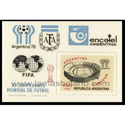 SELLOS DE ARGENTINA 1978 - VENCEDORES DEL CAMPEONATO MUNDIAL DE FUTBOL ARGENTINA 78 - HOJITA BLOQUE