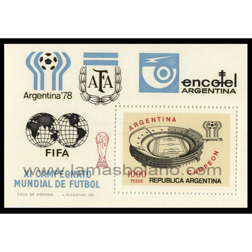 SELLOS DE ARGENTINA 1978 - VENCEDORES CAMPEONATO MUNDIAL DE FUTBOL ARGENTINA 78 - HOJITA BLOQUE MATASELLO 29 ABRIL 1982