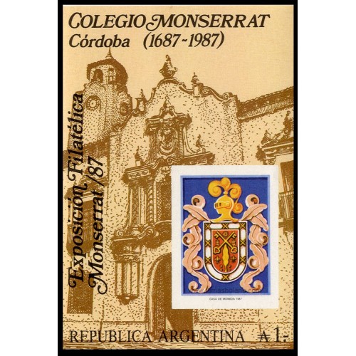 SELLOS DE ARGENTINA 1987 - COLEGIO MONTSERRAT DE CORDOBA  TRICENTENARIO Y EXPOSICION FILATELICA MONTSERRAT 87 - HOJITA BLOQUE