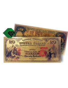BILLETE 20 DOLARES ESTADOS UNIDOS PRIMER BANCO NACIONAL DE BUTTE EN ORO PURO 24 KILATES "GOLD FOIL"
