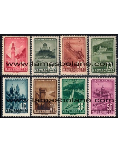 SELLOS HUNGRIA 1947 - EDIFICIOS SERIE CORRIENTE - 8 VALORES - AEREO