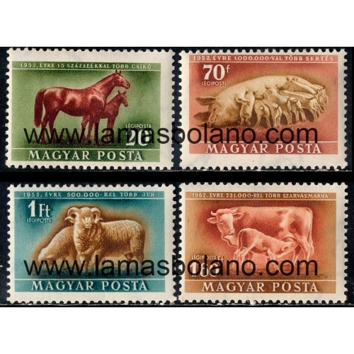 SELLOS HUNGRIA 1951 - ANIMALES - 4 VALORES FIJASELLO - AEREO