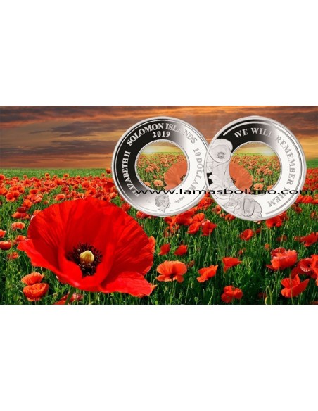 MONEDA ISLAS SOLOMON PLATA AMAPOLA ROJA  CON INCRUSTACIONES DE VIDRIO COLOREADO Y LUZ 10 DOLARES PROOF 