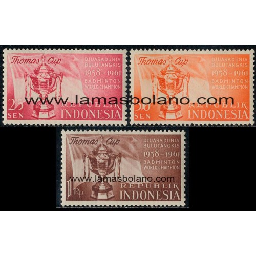 SELLOS INDONESIA 1958 - VICTORIA DE INDONESIA EN LA COPA THOMAS DE BADMINTON EN SINGAPUR - 3 VALORES - CORREO
