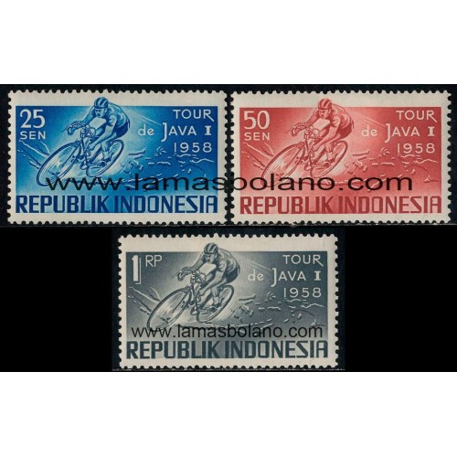SELLOS INDONESIA 1958 - TOUR CICLISTA DE JAVA - 3 VALORES - CORREO