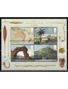 SELLOS INGLATERRA 2018 - VIAJES CAPITÁN COOK - 4 VALORES EMITIDOS EN HOJITA BLOQUE