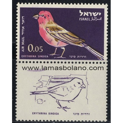 SELLOS ISRAEL 1963 PAJAROS ERYTHRINA SINOICA - 1 VALOR CON BANDELETA - AEREO