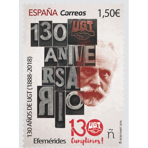 SELLOS ESPAÑA 2019 130 AÑOS DE UGT - 1 VALOR - CORREO - FOSFORESCENTE