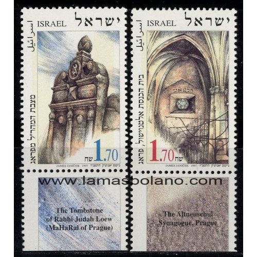 SELLOS ISRAEL 1997 MONUMENTOS JUDIOS DE PRAGA - 2 VALORES CON BANDELETA - CORREO