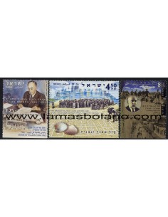 SELLOS ISRAEL 2008 CENTENARIO DE LA CIUDAD DE TEL-AVIV - 3 VALORES CON BANDELETA - CORREO