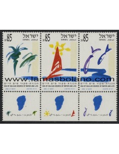 SELLOS ISRAEL 1992 LAGO TIBERIADES FUENTE DE AGUA Y VIDA - 3 VALORES CON BANDELETA TRIPTICO - CORREO