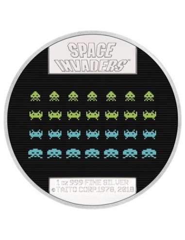 NIUE MONEDA PLATA INVASORES DEL ESPACIO SPACE INVADERS MARCIANITOS 40 ANIVERSARIO A COLOR LENTICULAR PROOF