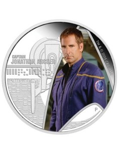 MONEDAS STAR TREK ENTERPRISE Y CAPITAN JONATHAN ARCHER 2015 TUVALU 2 MONEDAS PLATA CON TRANSBORDADOR LANZADERA CON LUZ   2