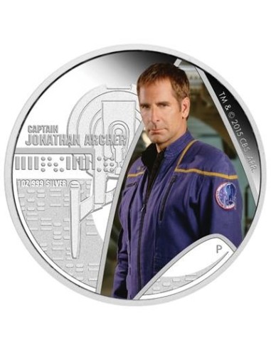 MONEDAS STAR TREK ENTERPRISE Y CAPITAN JONATHAN ARCHER 2015 TUVALU 2 MONEDAS PLATA CON TRANSBORDADOR LANZADERA CON LUZ  