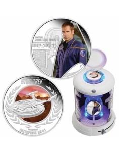 MONEDAS STAR TREK ENTERPRISE Y CAPITAN JONATHAN ARCHER 2015 TUVALU 2 MONEDAS PLATA CON TRANSBORDADOR LANZADERA CON LUZ  