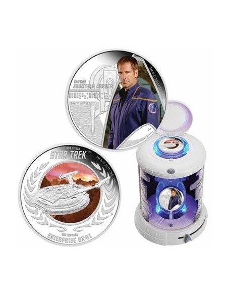 MONEDAS STAR TREK ENTERPRISE Y CAPITAN JONATHAN ARCHER 2015 TUVALU 2 MONEDAS PLATA CON TRANSBORDADOR LANZADERA CON LUZ  