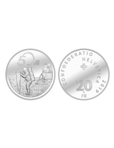MONEDA SUIZA PLATA 2019 APOLLO XI 50 ANIVERSARIO DEL DESEMBARCO LUNAR 20 FRANCOS SUIZOS EN BLISTER