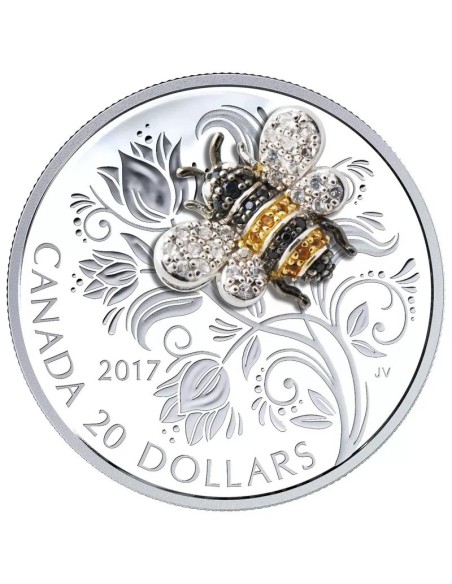 CANADA 2017 ABEJA MONEDA 20 DOLARES PLATA BAÑADA EN ORO Y RODIO CON PIEDRAS PRECIOSAS PROOF