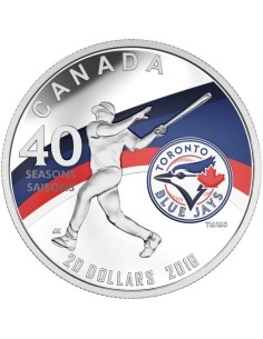 CANADA 2016 MONEDA PLATA COLOR 20 DOLARES BEISBOL TORONTO BLUE JAYS 40 TEMPORADA PROOF