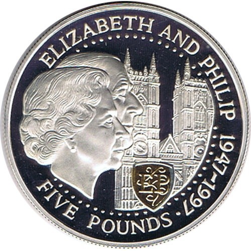 GUERNSEY 1997 ELIZABETH Y PHILLIP 5 Libras PROOF - Moneda de Plata