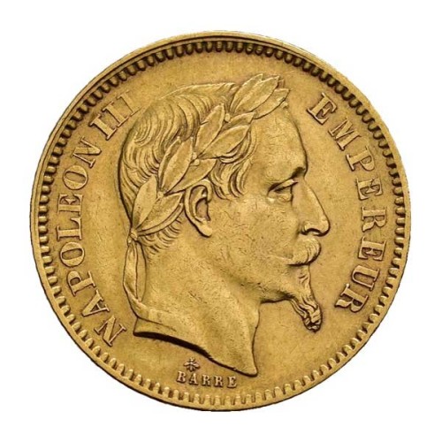 Moneda oro 20 Francos Napoleón III Laureado Francia