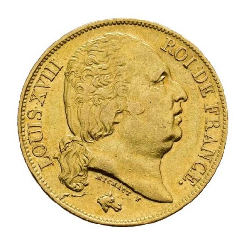 Moneda 20 Francos Luis XVIII 1818 Oro