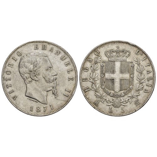 Moneda 5 Liras Italia 1872 Víctor Manuel II Plata