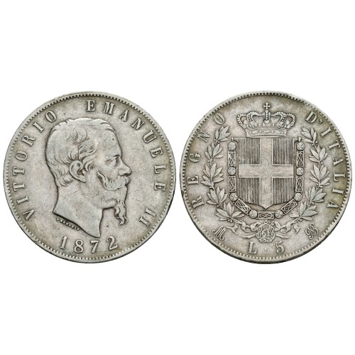 Moneda 5 Liras Plata 1872 Víctor Manuel Milán