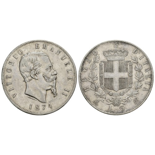 Moneda 5 Liras Plata 1874 Victor Manuel II