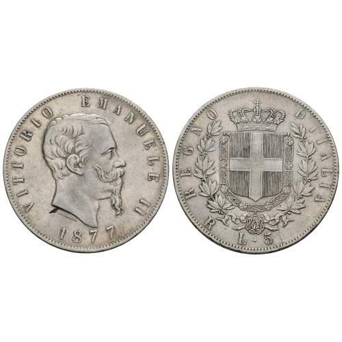 Moneda 5 Liras Plata 1877 Roma Víctor Manuel II MBC+