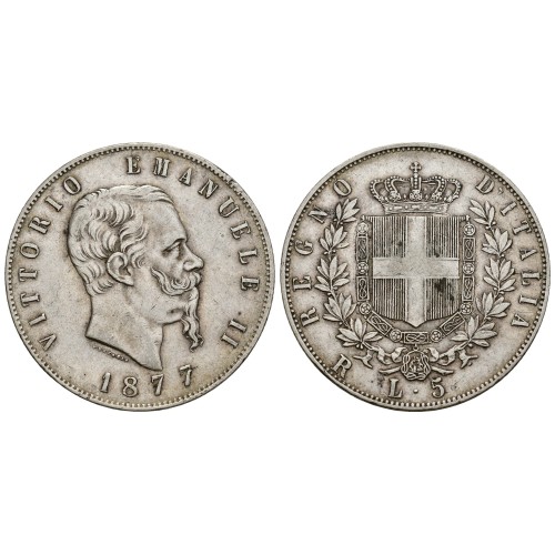 Moneda 5 Liras Plata 1877 Roma Víctor Manuel II MBC+