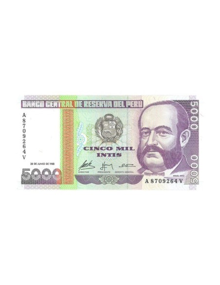 Billete Perú 1988 5000 Intis