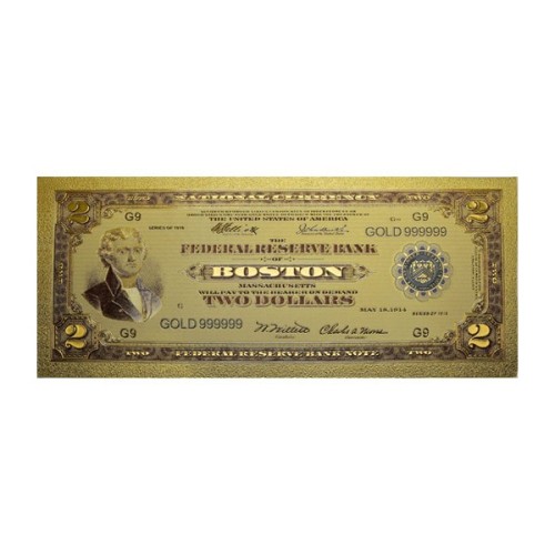 Billete 2 dólares Reserva Federal dorado Anverso