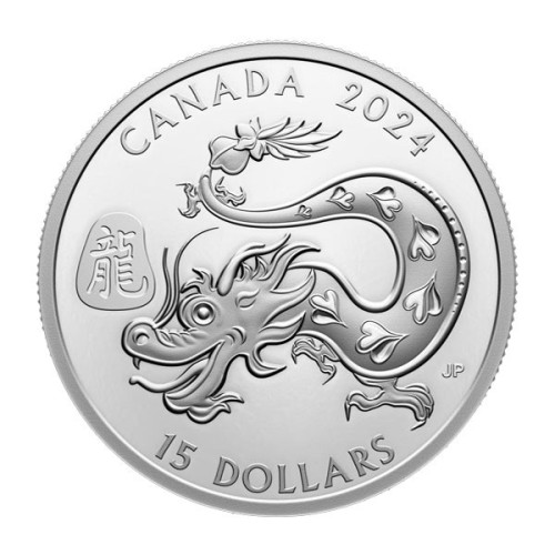 Moneda Plata Canadá 2024 Año Lunar Dragón 15 dólares Anverso