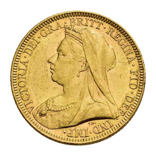 Moneda Oro Soberano Reina Victoria Anverso. Libra oro