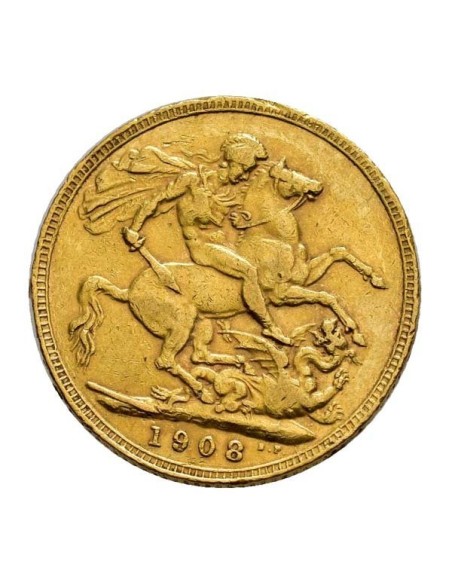 Moneda Oro Soberano Eduardo VII Reverso. Libra oro