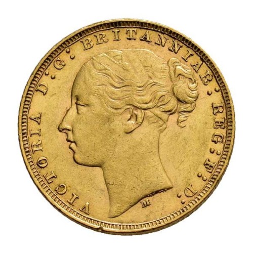 Moneda Oro Soberano Reina Victoria Joven Anverso. Libra oro