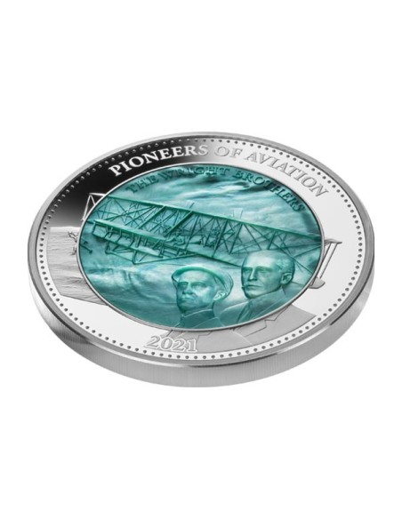 Moneda 5 Onzas Plata Hermanos Wright 2021 Anverso