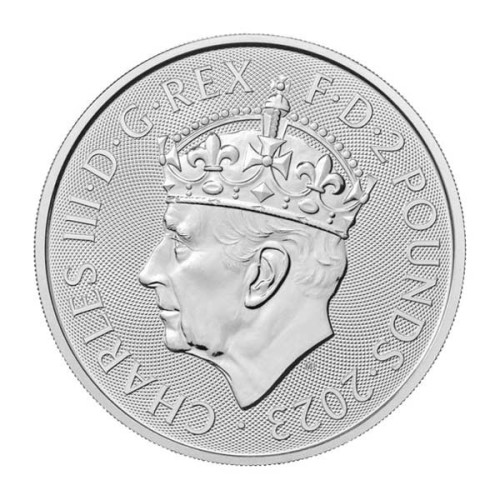 Moneda 1 Onza Plata Britania Carlos III Inglaterra 2023 Coronación Anverso