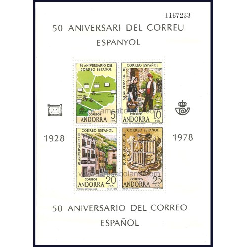 SELLOS DE ANDORRA ESPAÑOLA 1978 - CORREO ESPAÑOL EN ANDORRA 50 ANIVERSARIO - HOJITA BLOQUE 